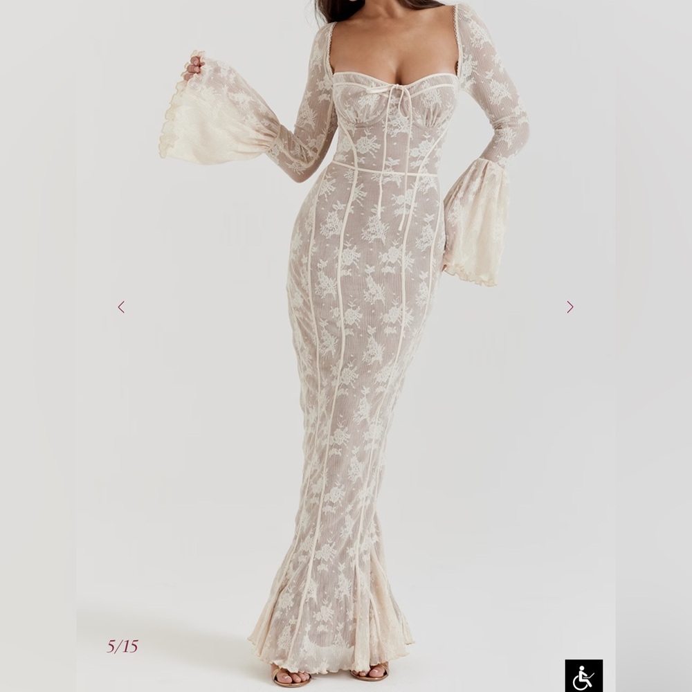 House of CB Delilah Vintage Cream Lace Maxi Dress with Sleeves